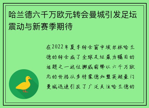 哈兰德六千万欧元转会曼城引发足坛震动与新赛季期待