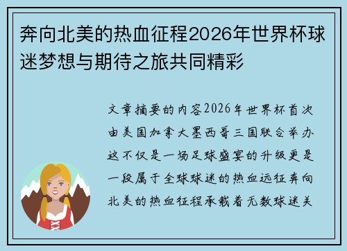 奔向北美的热血征程2026年世界杯球迷梦想与期待之旅共同精彩